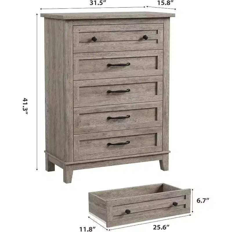 5 Dresser for Bedroom, 41.3 Tall Vertical Drawer Dresser with Storage Freestanding, Wooden Closet Storage Chest for Living Room, Bedroom