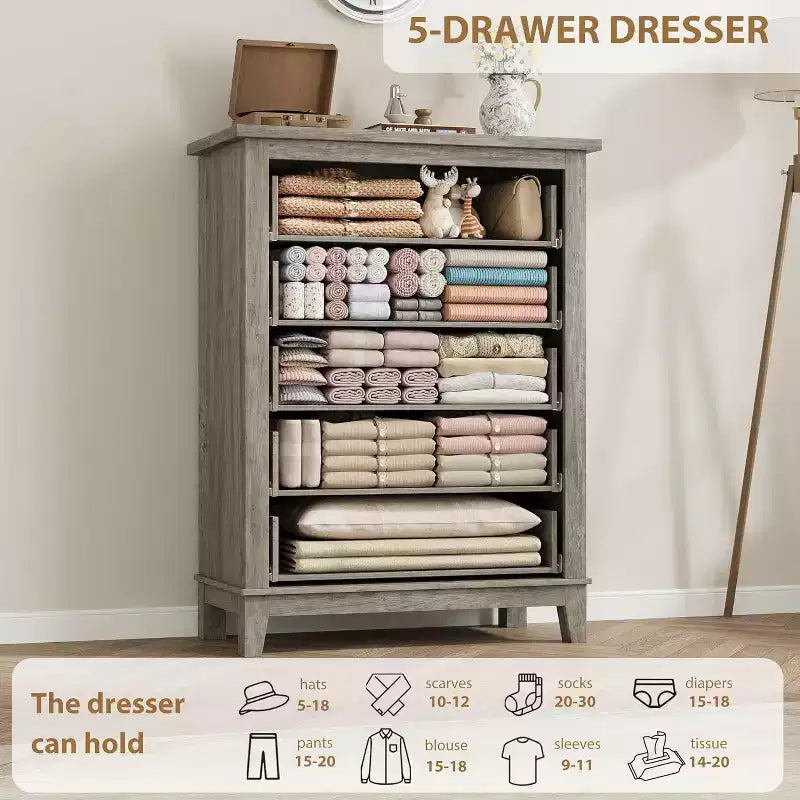 5 Dresser for Bedroom, 41.3 Tall Vertical Drawer Dresser with Storage Freestanding, Wooden Closet Storage Chest for Living Room, Bedroom