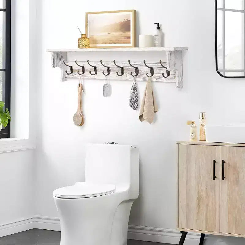 Bekrvio 35.8'' Wood Coat Rack Wall Mount with Shelf - White Farmhouse Rustic Coat Hooks for Entryway, Bathroom, Kitchen, Bedroom