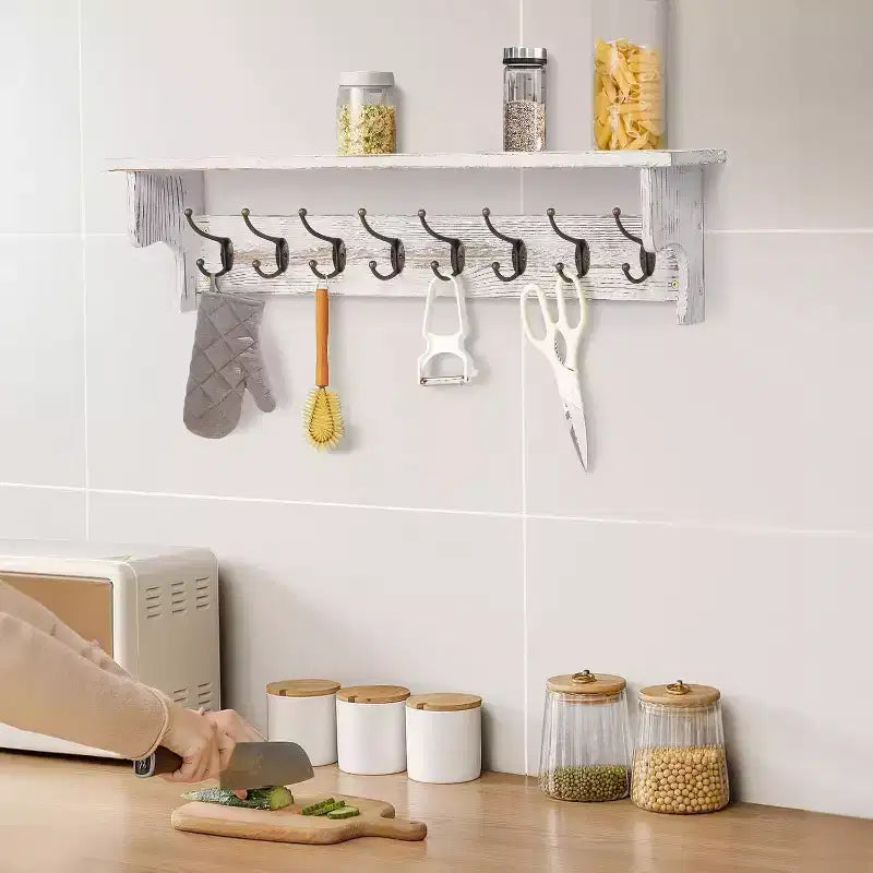 Bekrvio 35.8'' Wood Coat Rack Wall Mount with Shelf - White Farmhouse Rustic Coat Hooks for Entryway, Bathroom, Kitchen, Bedroom