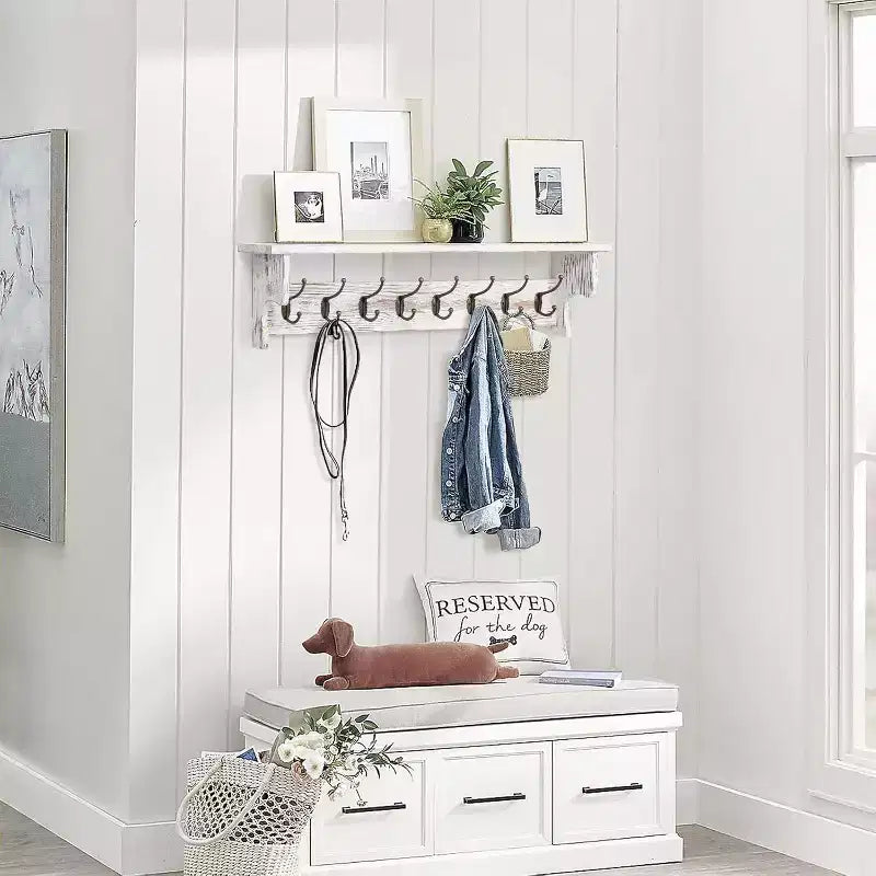 Bekrvio 35.8'' Wood Coat Rack Wall Mount with Shelf - White Farmhouse Rustic Coat Hooks for Entryway, Bathroom, Kitchen, Bedroom