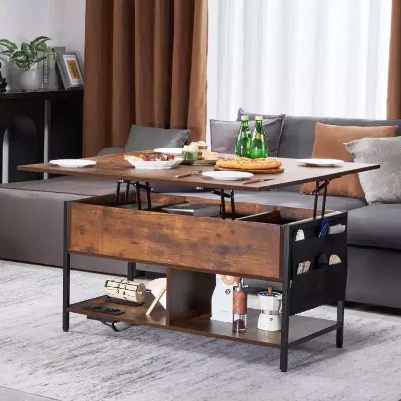 VEVOR Lift Top Coffee Table, 39.4 in Rectangle Coffee Table, Flipable Coffee Table with Power Strip & USB & Ambient Lighting for Living Room, Brown