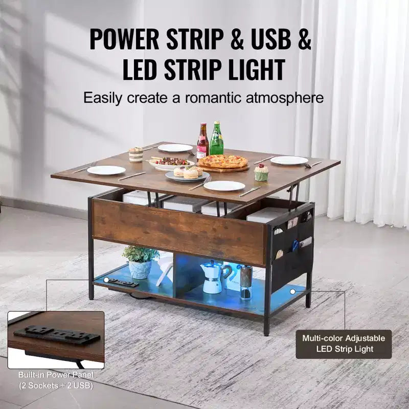 VEVOR Lift Top Coffee Table, 39.4 in Rectangle Coffee Table, Flipable Coffee Table with Power Strip & USB & Ambient Lighting for Living Room, Brown