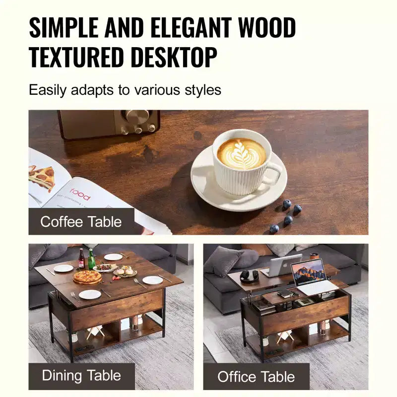 VEVOR Lift Top Coffee Table, 39.4 in Rectangle Coffee Table, Flipable Coffee Table with Power Strip & USB & Ambient Lighting for Living Room, Brown