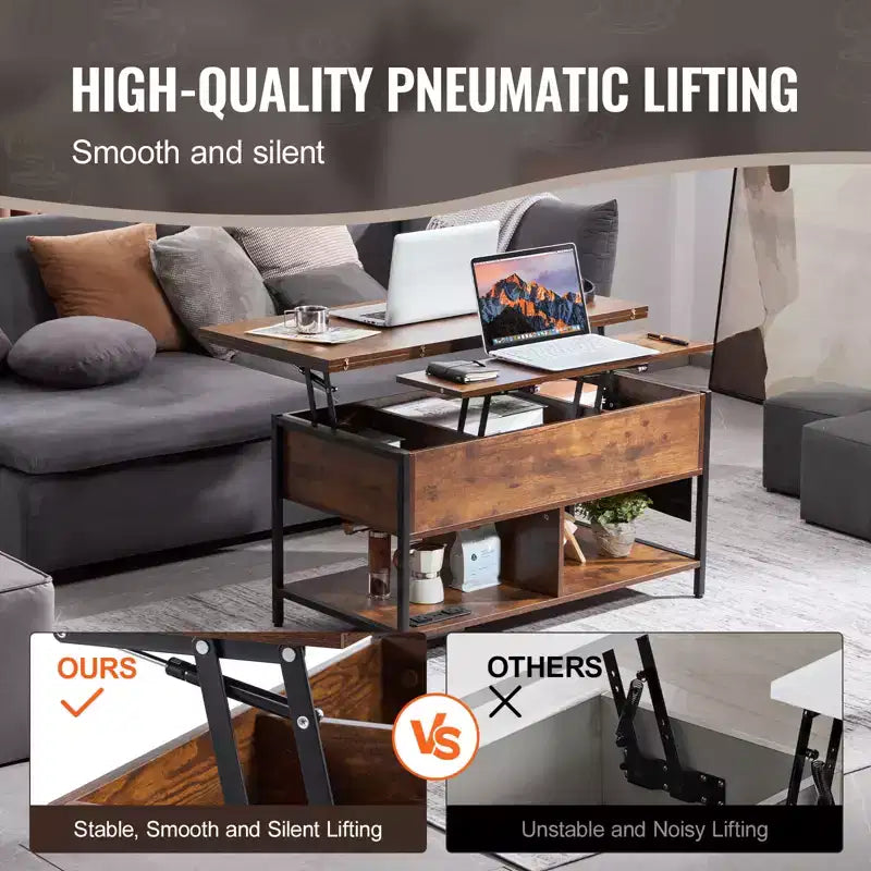 VEVOR Lift Top Coffee Table, 39.4 in Rectangle Coffee Table, Flipable Coffee Table with Power Strip & USB & Ambient Lighting for Living Room, Brown