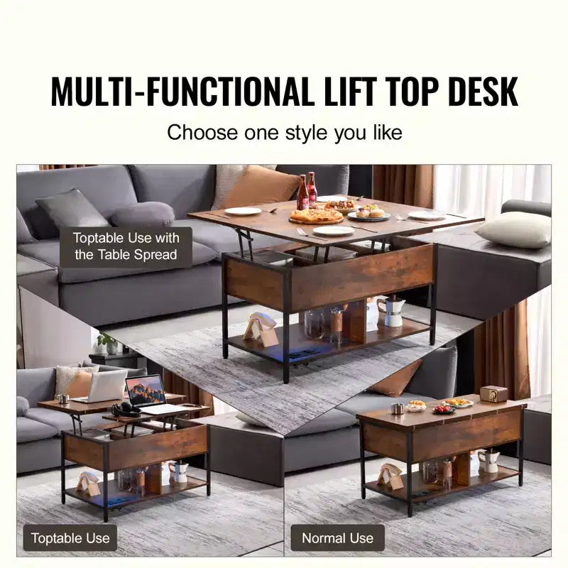 VEVOR Lift Top Coffee Table, 39.4 in Rectangle Coffee Table, Flipable Coffee Table with Power Strip & USB & Ambient Lighting for Living Room, Brown