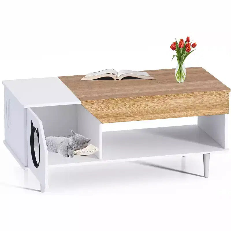 45 White Coffee Table Cat Living Room Tables with Storage Drawer, Wooden Rustic Coffee Table with Cat House, Hidden Kitty Litter Box Furniture