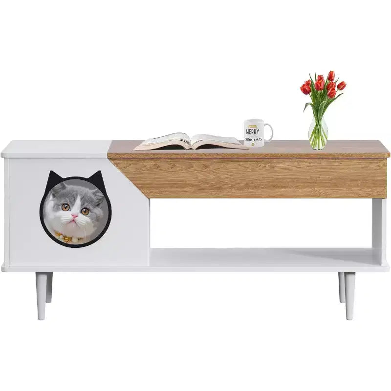 45 White Coffee Table Cat Living Room Tables with Storage Drawer, Wooden Rustic Coffee Table with Cat House, Hidden Kitty Litter Box Furniture