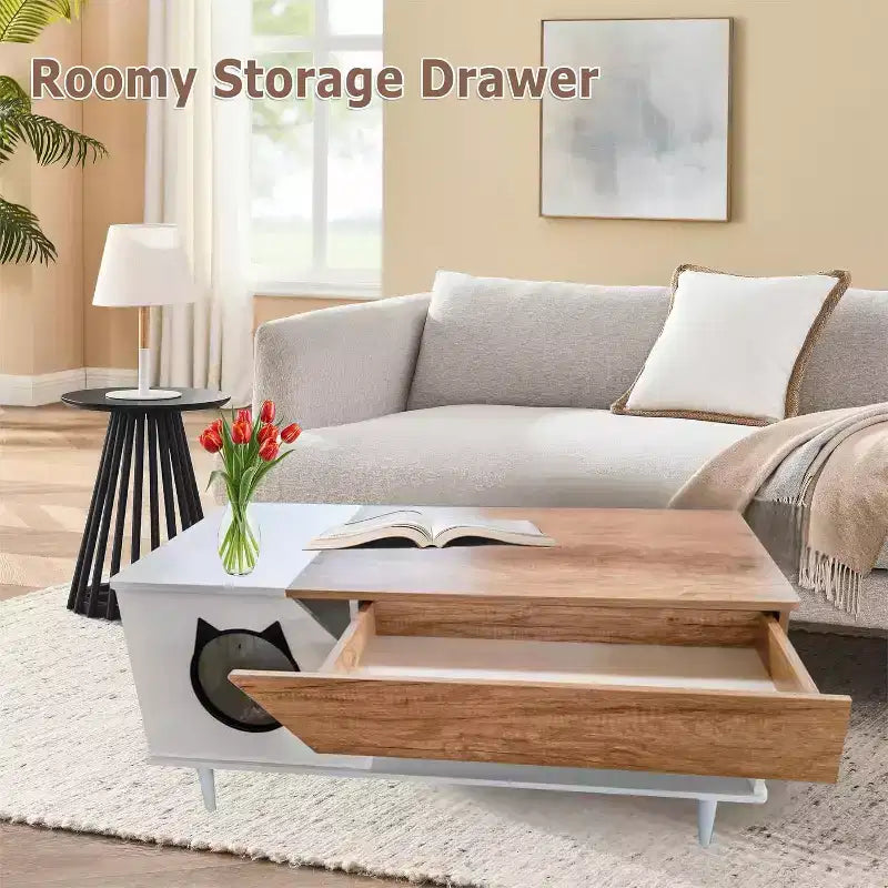 45 White Coffee Table Cat Living Room Tables with Storage Drawer, Wooden Rustic Coffee Table with Cat House, Hidden Kitty Litter Box Furniture