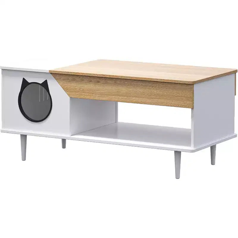 45 White Coffee Table Cat Living Room Tables with Storage Drawer, Wooden Rustic Coffee Table with Cat House, Hidden Kitty Litter Box Furniture