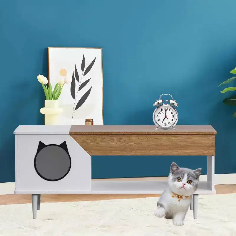 45 White Coffee Table Cat Living Room Tables with Storage Drawer, Wooden Rustic Coffee Table with Cat House, Hidden Kitty Litter Box Furniture