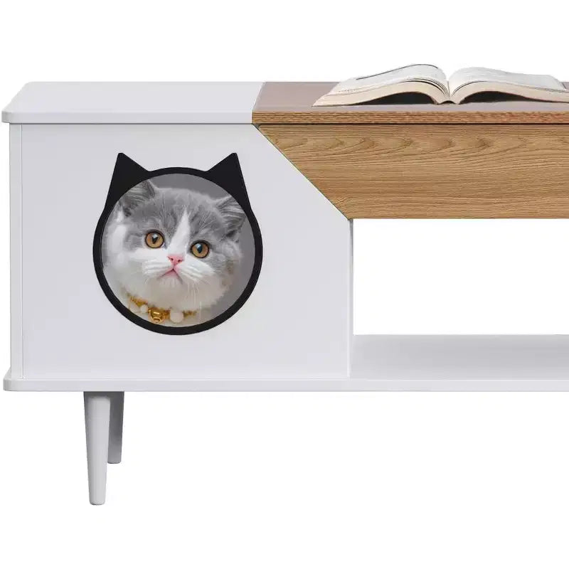 45 White Coffee Table Cat Living Room Tables with Storage Drawer, Wooden Rustic Coffee Table with Cat House, Hidden Kitty Litter Box Furniture