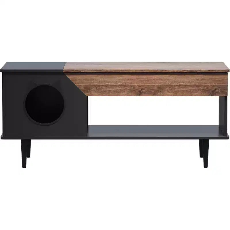 45 White Coffee Table Cat Living Room Tables with Storage Drawer, Wooden Rustic Coffee Table with Cat House, Hidden Kitty Litter Box Furniture