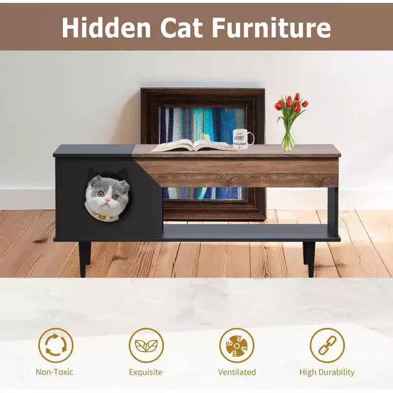 45 White Coffee Table Cat Living Room Tables with Storage Drawer, Wooden Rustic Coffee Table with Cat House, Hidden Kitty Litter Box Furniture