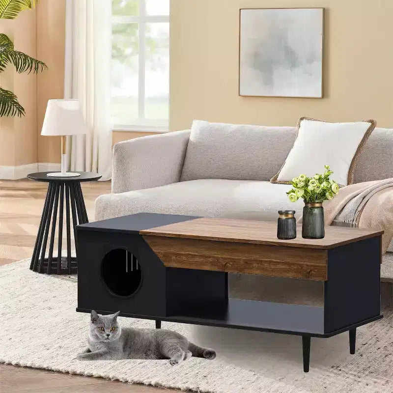 45 White Coffee Table Cat Living Room Tables with Storage Drawer, Wooden Rustic Coffee Table with Cat House, Hidden Kitty Litter Box Furniture