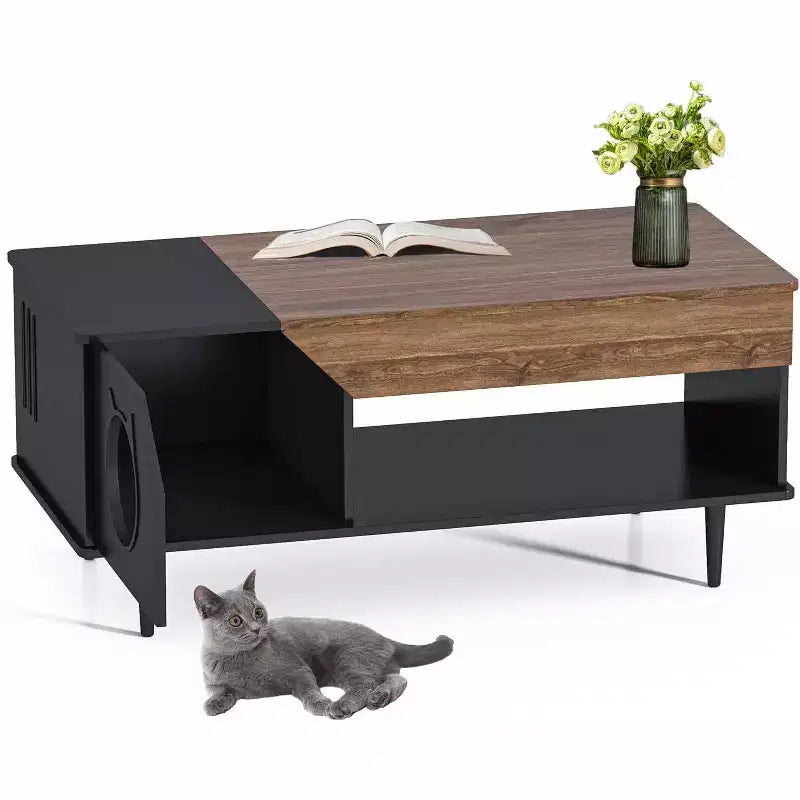 45 White Coffee Table Cat Living Room Tables with Storage Drawer, Wooden Rustic Coffee Table with Cat House, Hidden Kitty Litter Box Furniture