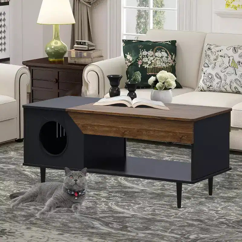 45 White Coffee Table Cat Living Room Tables with Storage Drawer, Wooden Rustic Coffee Table with Cat House, Hidden Kitty Litter Box Furniture