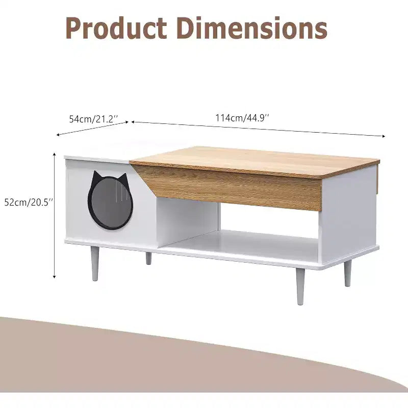 45 White Coffee Table Cat Living Room Tables with Storage Drawer, Wooden Rustic Coffee Table with Cat House, Hidden Kitty Litter Box Furniture