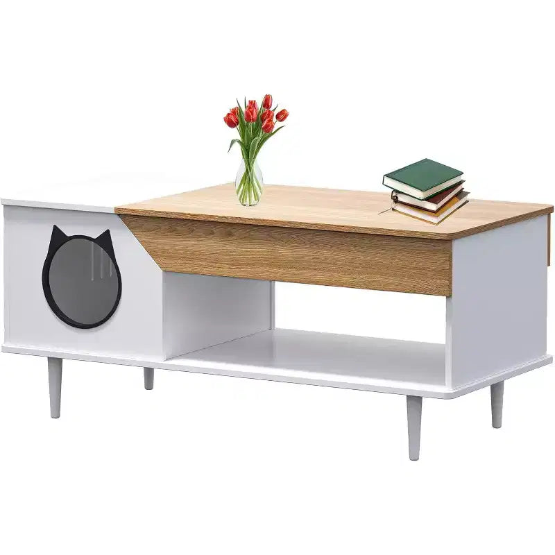 45 White Coffee Table Cat Living Room Tables with Storage Drawer, Wooden Rustic Coffee Table with Cat House, Hidden Kitty Litter Box Furniture