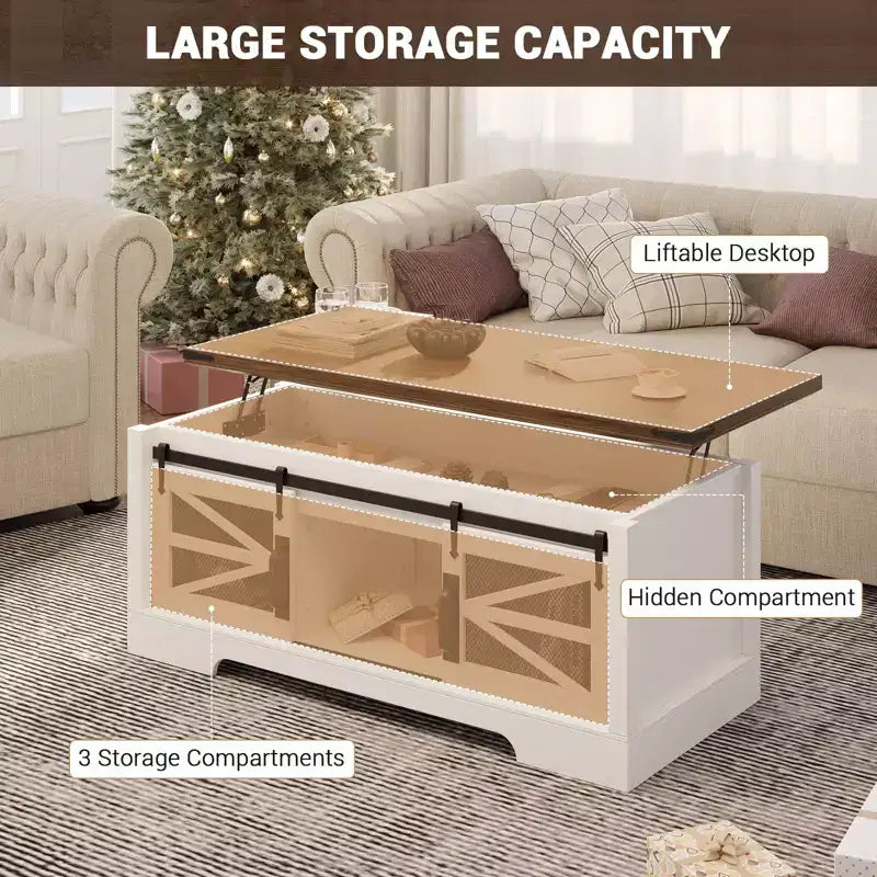 GustoWave Coffee Table with Lifting Top, Farmhouse Center Table W/Sliding Barn Door & Hidden Storage for Living Room