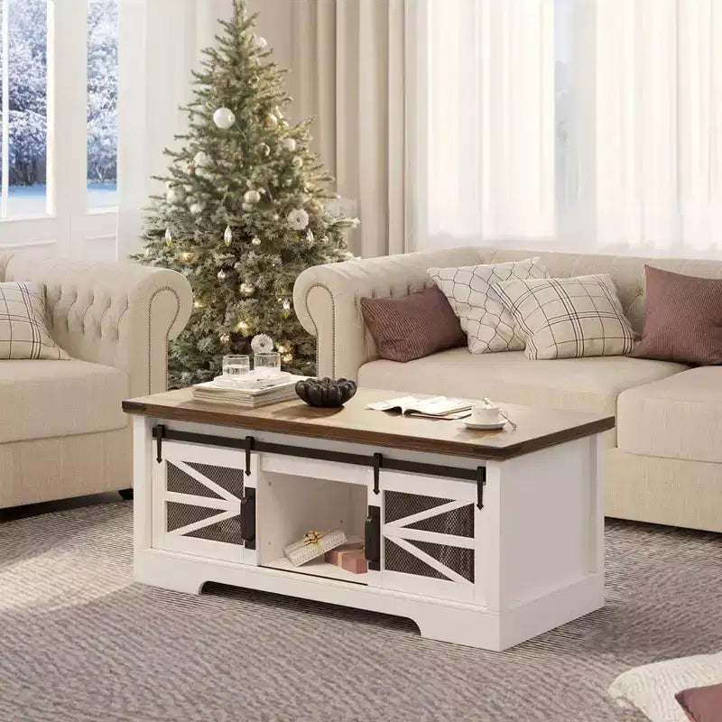 GustoWave Coffee Table with Lifting Top, Farmhouse Center Table W/Sliding Barn Door & Hidden Storage for Living Room