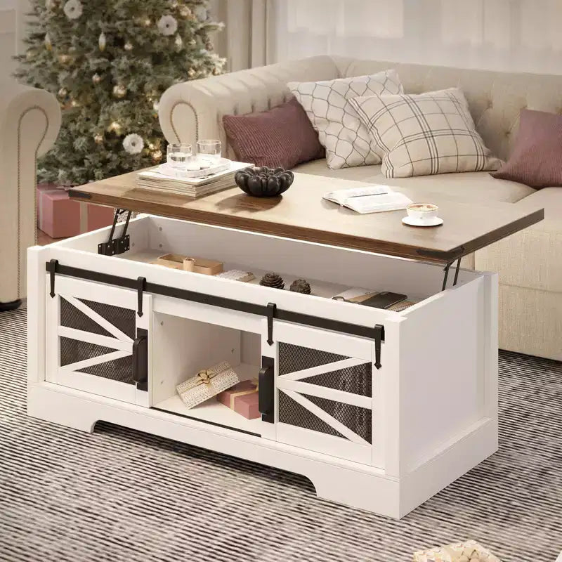 GustoWave Coffee Table with Lifting Top, Farmhouse Center Table W/Sliding Barn Door & Hidden Storage for Living Room