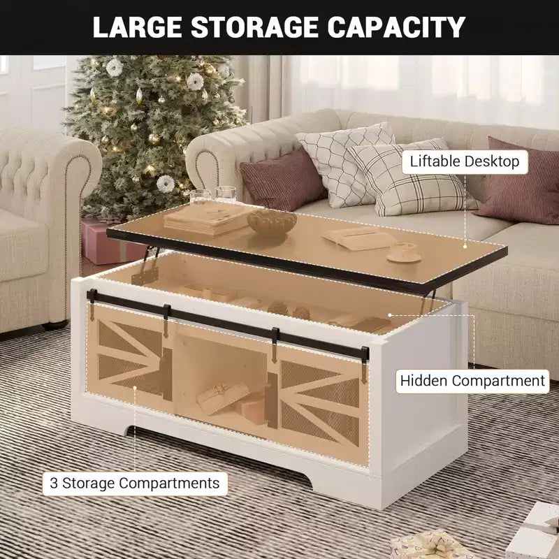 GustoWave Coffee Table with Lifting Top, Farmhouse Center Table W/Sliding Barn Door & Hidden Storage for Living Room