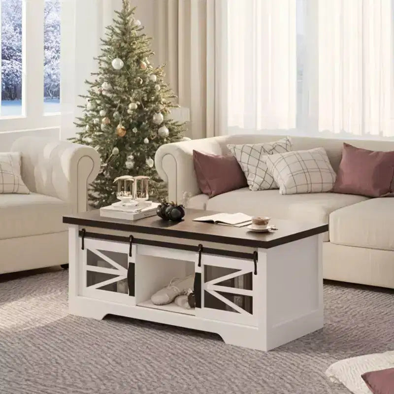 GustoWave Coffee Table with Lifting Top, Farmhouse Center Table W/Sliding Barn Door & Hidden Storage for Living Room