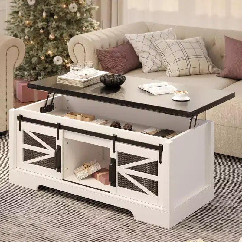 GustoWave Coffee Table with Lifting Top, Farmhouse Center Table W/Sliding Barn Door & Hidden Storage for Living Room