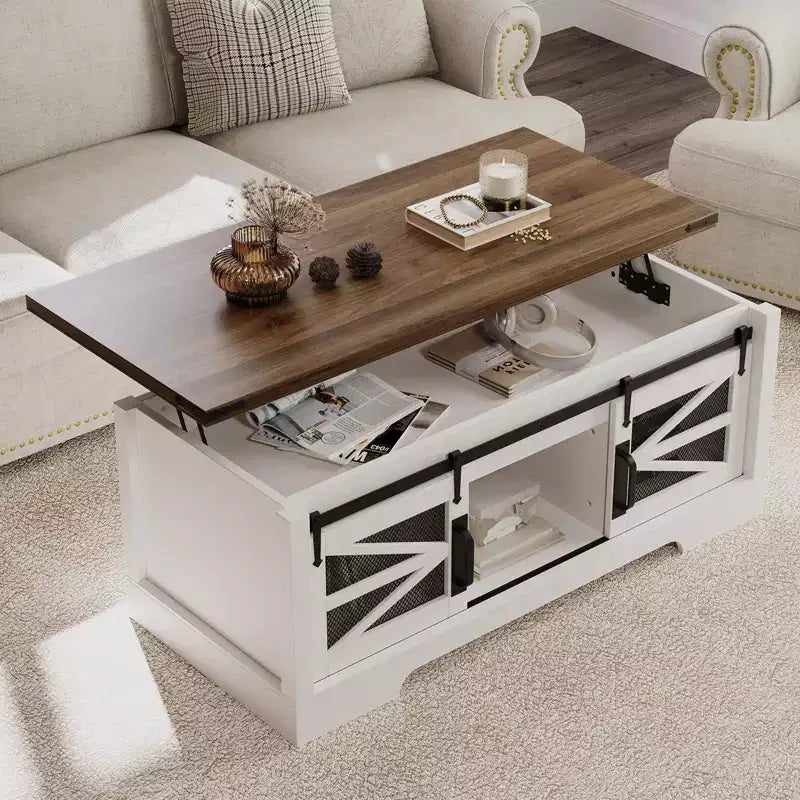 GustoWave Coffee Table with Lifting Top, Farmhouse Center Table W/Sliding Barn Door & Hidden Storage for Living Room
