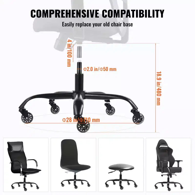 VEVOR Office Chair Base Replacement, 28, 2500 lbs Static Load Capacity, Heavy Duty Universal Computer Desk Chair Stool Base Part, Black