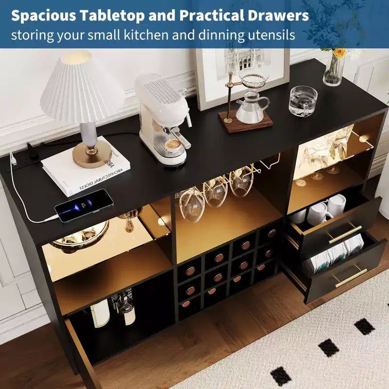 Bar Cabinet with LED Lights & Charging Station, 47 Inch Kitchen Buffet Sideboard with Storage Drawers, Wine Rack & Door