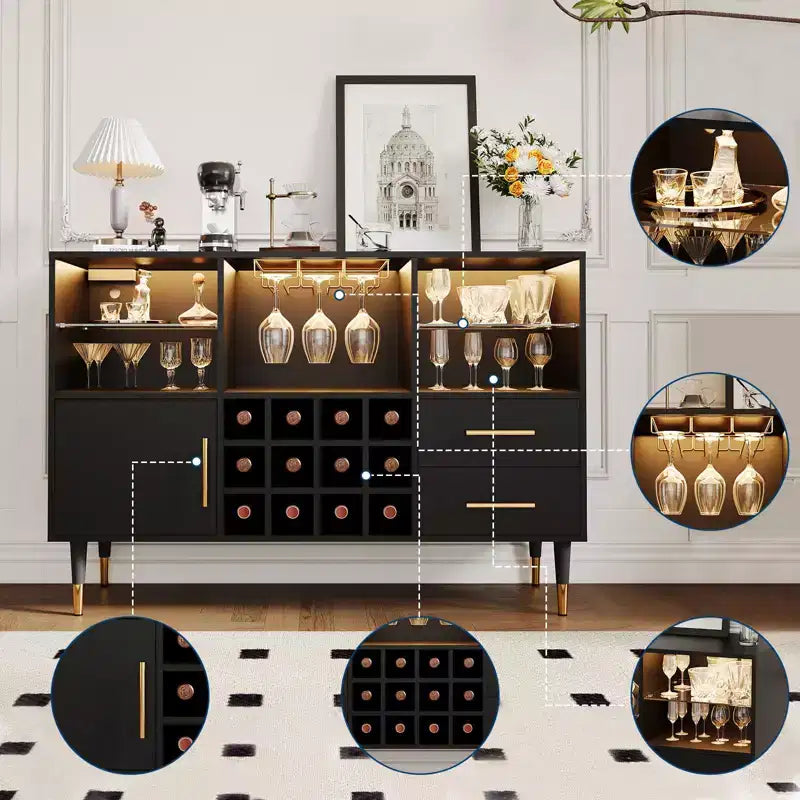 Bar Cabinet with LED Lights & Charging Station, 47 Inch Kitchen Buffet Sideboard with Storage Drawers, Wine Rack & Door