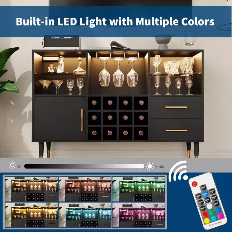 Bar Cabinet with LED Lights & Charging Station, 47 Inch Kitchen Buffet Sideboard with Storage Drawers, Wine Rack & Door
