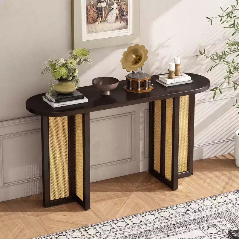 MAYEERTY Rattan Console Table Narrow with Storage for Living Room Hallway Espresso