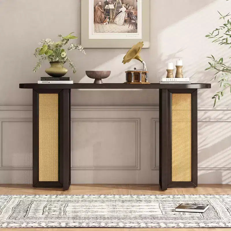 MAYEERTY Rattan Console Table Narrow with Storage for Living Room Hallway Espresso