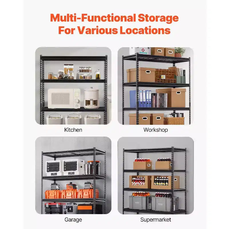 VEVOR Storage Shelves, 3000 lbs, 5 Tier Heavy Duty Garage Shelving, 20 D x 48 W x 72 H Adjustable Metal Shelves, Black