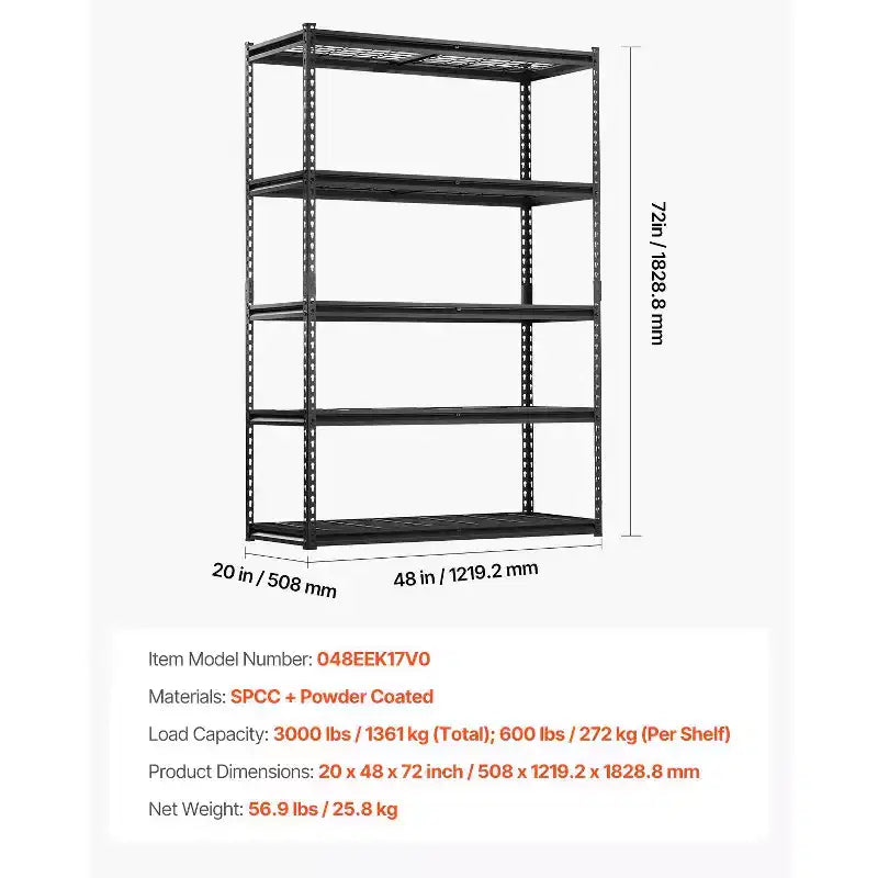 VEVOR Storage Shelves, 3000 lbs, 5 Tier Heavy Duty Garage Shelving, 20 D x 48 W x 72 H Adjustable Metal Shelves, Black