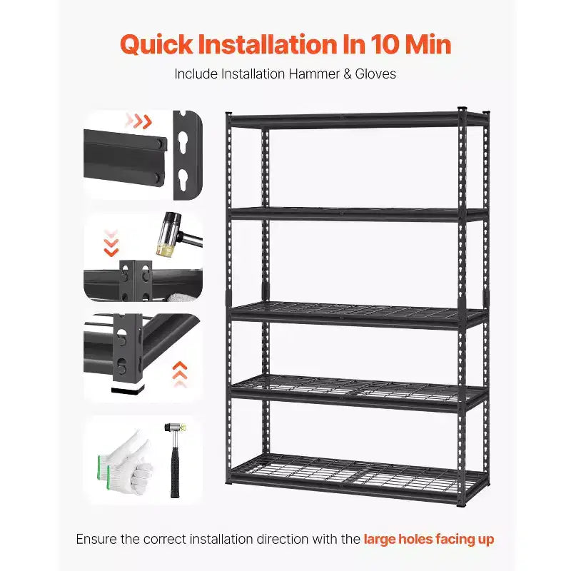 VEVOR Storage Shelves, 2500 lbs, 5 Tier Heavy Duty Garage Shelving, 18 D x 48 W x 72 H Adjustable Metal Shelves, Black
