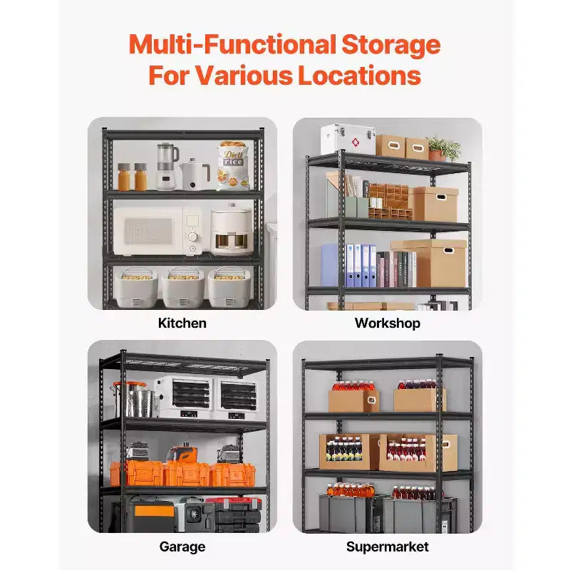 VEVOR Storage Shelves, 2500 lbs, 5 Tier Heavy Duty Garage Shelving, 18 D x 48 W x 72 H Adjustable Metal Shelves, Black