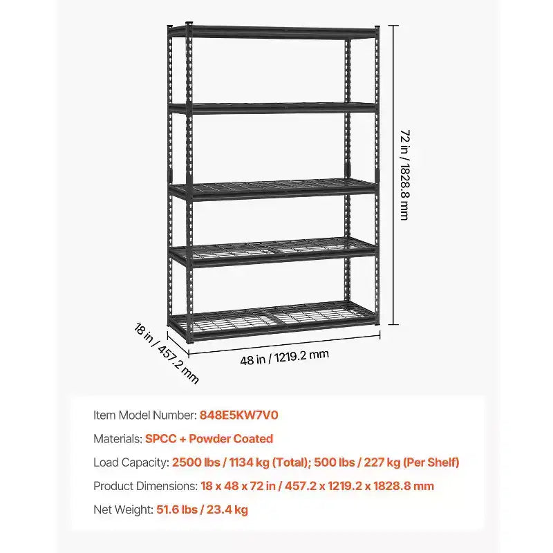 VEVOR Storage Shelves, 2500 lbs, 5 Tier Heavy Duty Garage Shelving, 18 D x 48 W x 72 H Adjustable Metal Shelves, Black