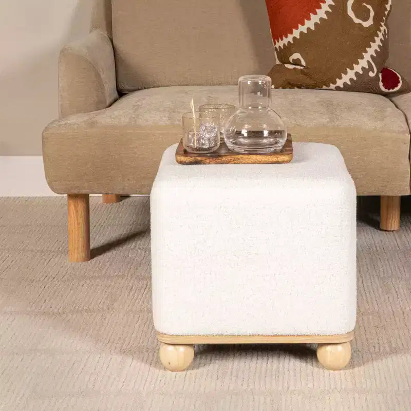 Storied Home Square Boucle Upholstered Ottoman, Cream