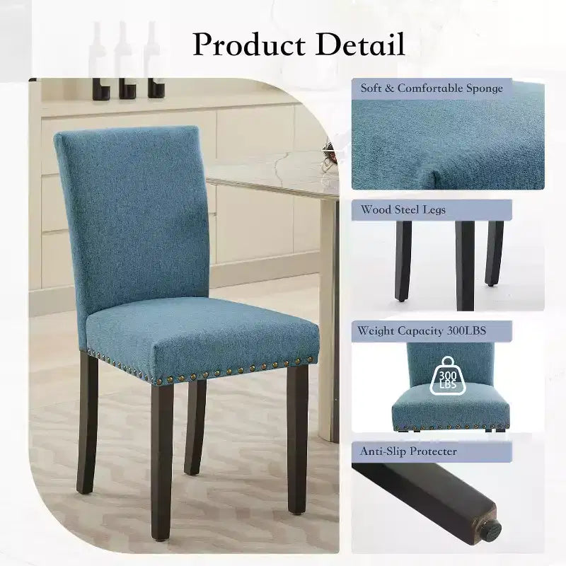 Dining Chairs Set of 2, Upholstered Diner Room Chair Sets, Fabric Kitchen Chairs with Nailhead Wood Legs and Padded Cushion, for Living Room
