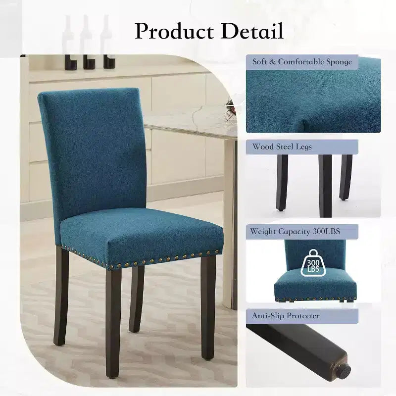 Dining Chairs Set of 2, Upholstered Diner Room Chair Sets, Fabric Kitchen Chairs with Nailhead Wood Legs and Padded Cushion, for Living Room