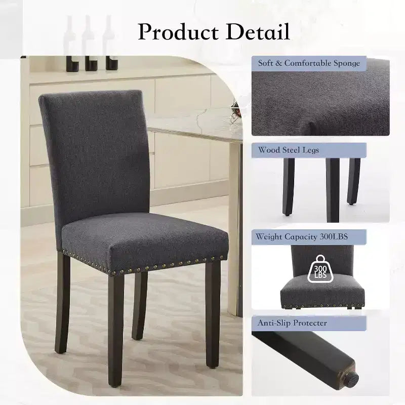 Dining Chairs Set of 2, Upholstered Diner Room Chair Sets, Fabric Kitchen Chairs with Nailhead Wood Legs and Padded Cushion, for Living Room