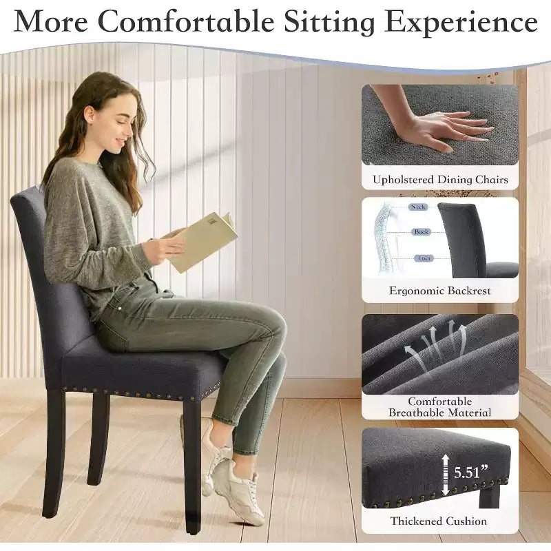 Dining Chairs Set of 2, Upholstered Diner Room Chair Sets, Fabric Kitchen Chairs with Nailhead Wood Legs and Padded Cushion, for Living Room