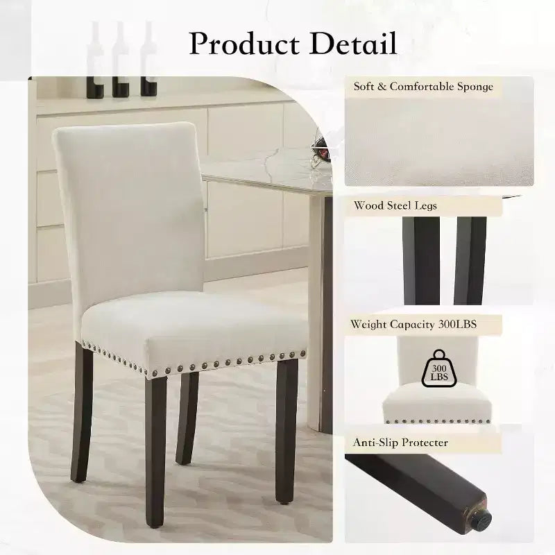 Dining Chairs Set of 2, Upholstered Diner Room Chair Sets, Fabric Kitchen Chairs with Nailhead Wood Legs and Padded Cushion, for Living Room
