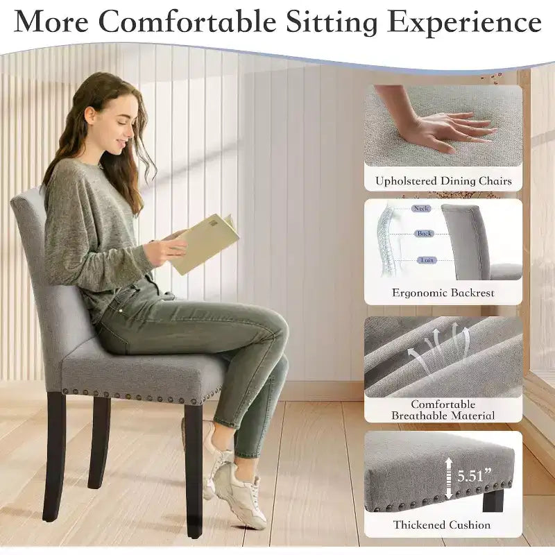 Dining Chairs Set of 2, Upholstered Diner Room Chair Sets, Fabric Kitchen Chairs with Nailhead Wood Legs and Padded Cushion, for Living Room