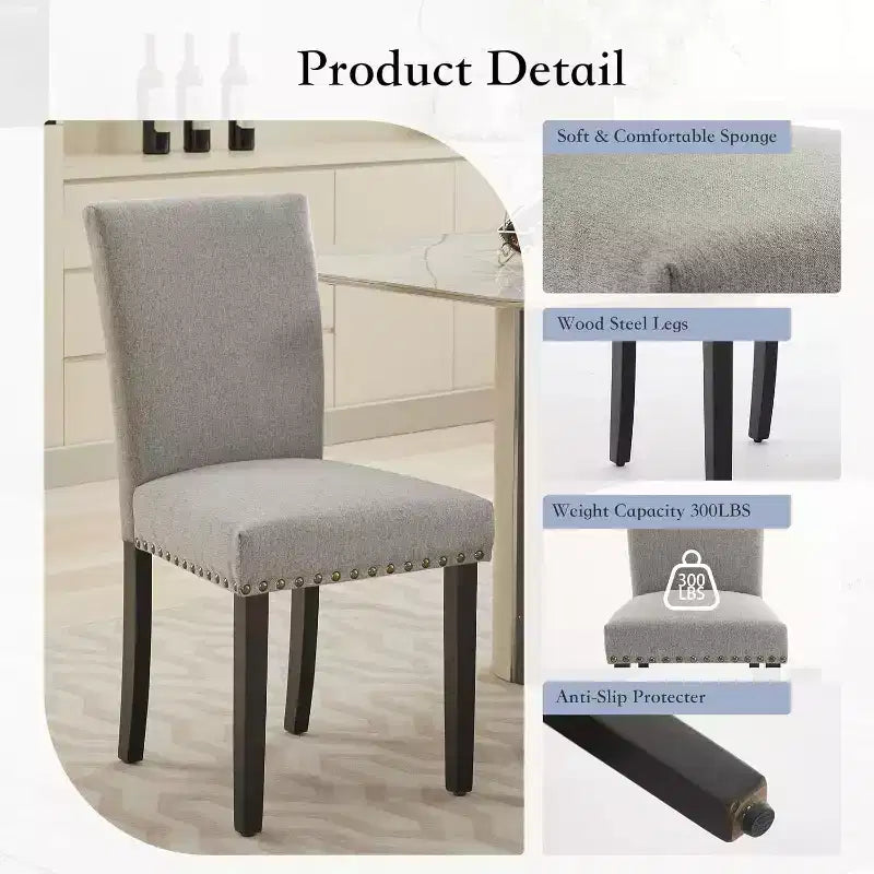 Dining Chairs Set of 2, Upholstered Diner Room Chair Sets, Fabric Kitchen Chairs with Nailhead Wood Legs and Padded Cushion, for Living Room