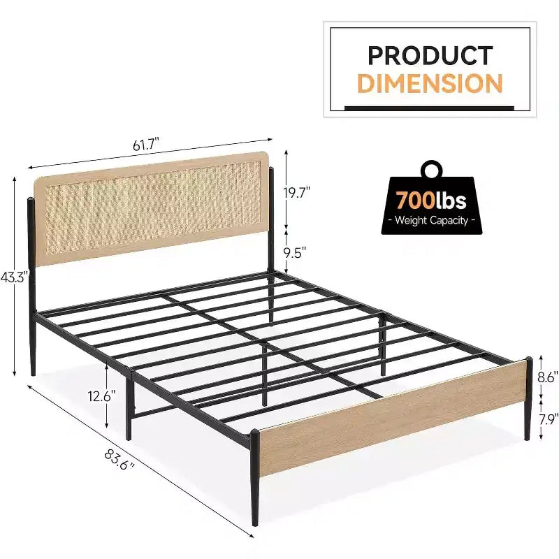 Queen Rattan Headboard Bed Frame, Rounded Corners, Noise-Free, Strong Metal Slats Support, Mattress Foundation, No Box Spring, White Oak